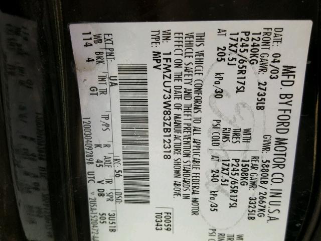 1FMZU73W83ZB12318 - 2003 FORD EXPLORER X BLACK photo 10