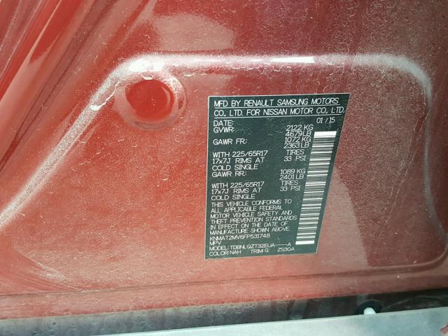 KNMAT2MV6FP531748 - 2015 NISSAN ROGUE S RED photo 10