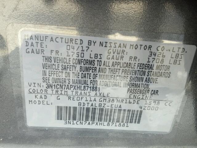 3N1CN7APXHL871881 - 2017 NISSAN VERSA S GRAY photo 10