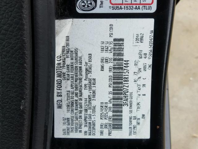 3FAHP07Z18R157444 - 2008 FORD FUSION SE BLACK photo 10