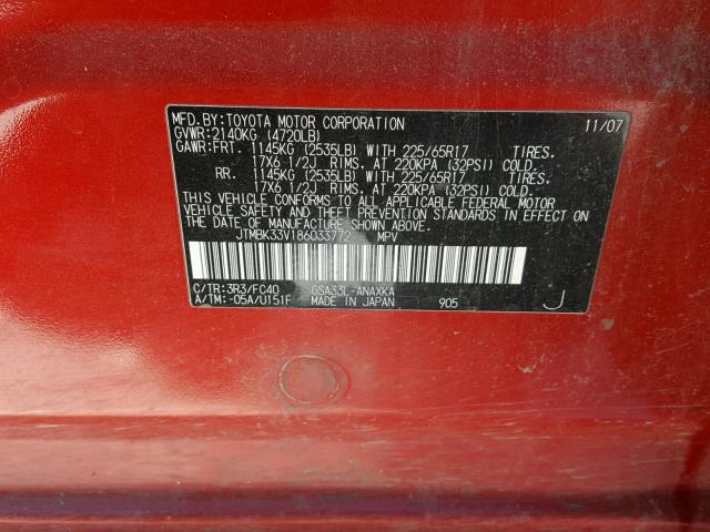 JTMBK33V186033772 - 2008 TOYOTA RAV4 RED photo 10