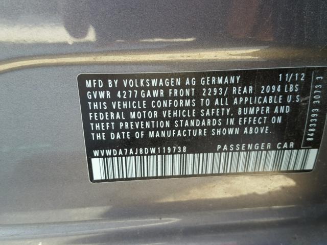 WVWDA7AJ8DW119738 - 2013 VOLKSWAGEN GOLF 灰色 照片 10