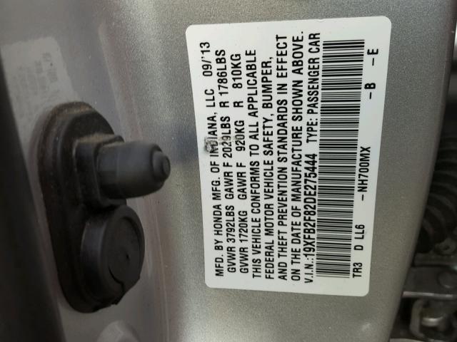 19XFB2F82DE275444 - 2013 HONDA CIVIC EX SILVER photo 10