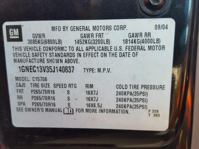 1GNEC13V35J140837 - 2005 CHEVROLET TAHOE C150 CHARCOAL photo 10