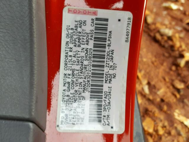 JTDDR32T210108329 - 2001 TOYOTA CELICA GT RED photo 10