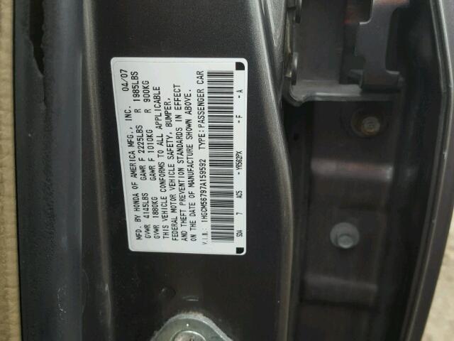 1HGCM56797A159592 - 2007 HONDA ACCORD EX CHARCOAL photo 10