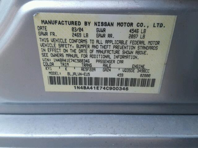 1N4BA41E74C900346 - 2004 NISSAN MAXIMA SE SILVER photo 10