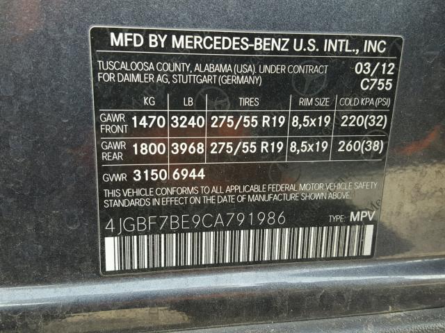 4JGBF7BE9CA791986 - 2012 MERCEDES-BENZ GL 450 4MA GRAY photo 10