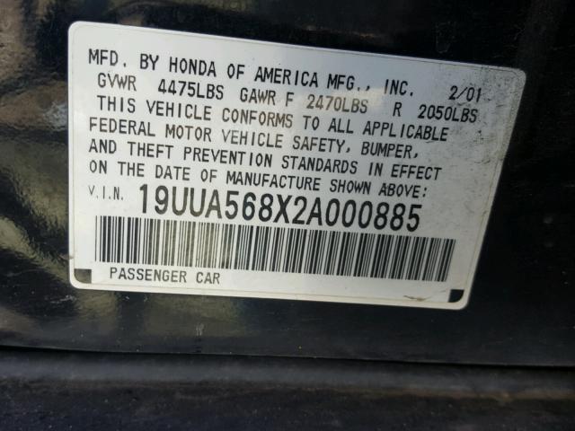 19UUA568X2A000885 - 2002 ACURA 3.2TL TYPE BLACK photo 10