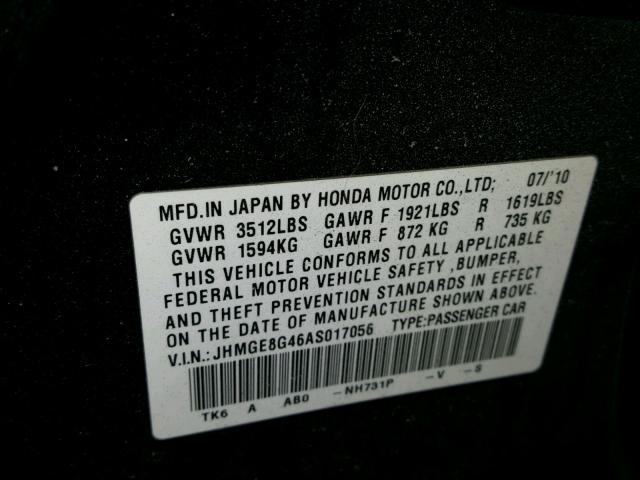 JHMGE8G46AS017056 - 2010 HONDA FIT SPORT BLACK photo 10