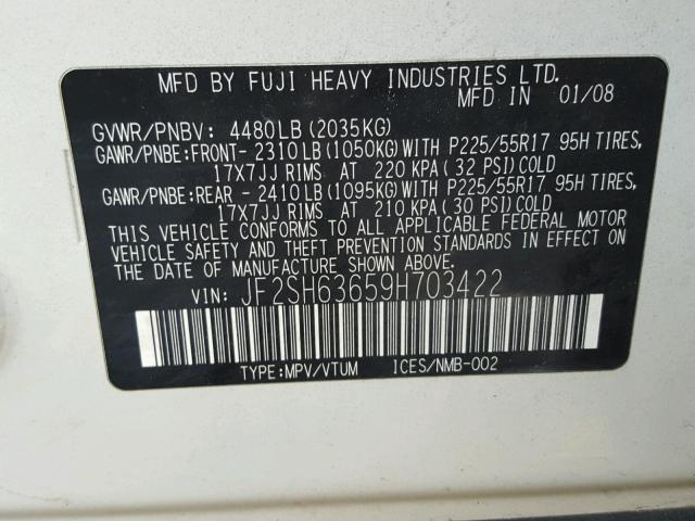 JF2SH63659H703422 - 2009 SUBARU FORESTER 2 WHITE photo 10