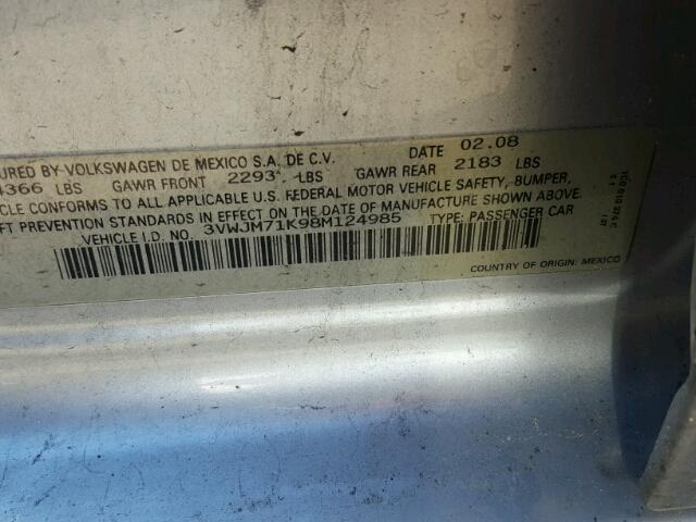 3VWJM71K98M124985 - 2008 VOLKSWAGEN JETTA S SILVER photo 10