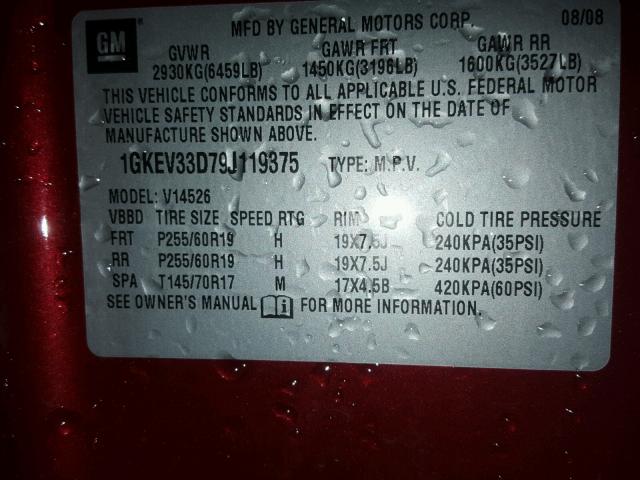 1GKEV33D79J119375 - 2009 GMC ACADIA SLT წითელი ფოტო 10