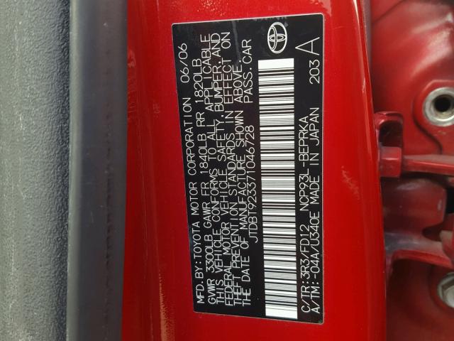 JTDBT923371046728 - 2007 TOYOTA YARIS RED photo 10