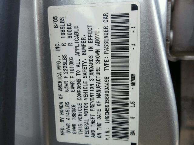 1HGCM56356A004498 - 2006 HONDA ACCORD SE SILVER photo 10