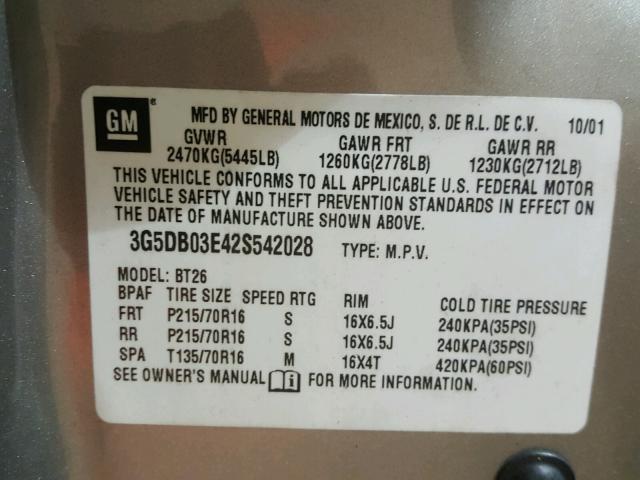 3G5DB03E42S542028 - 2002 BUICK RENDEZVOUS TAN photo 10