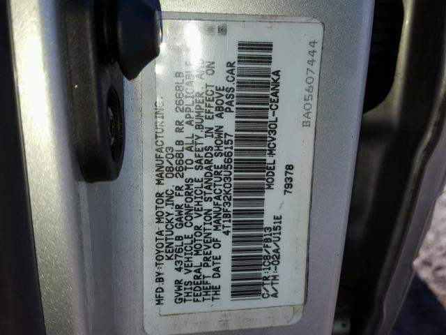 4T1BF32K03U566157 - 2003 TOYOTA CAMRY LE SILVER photo 10