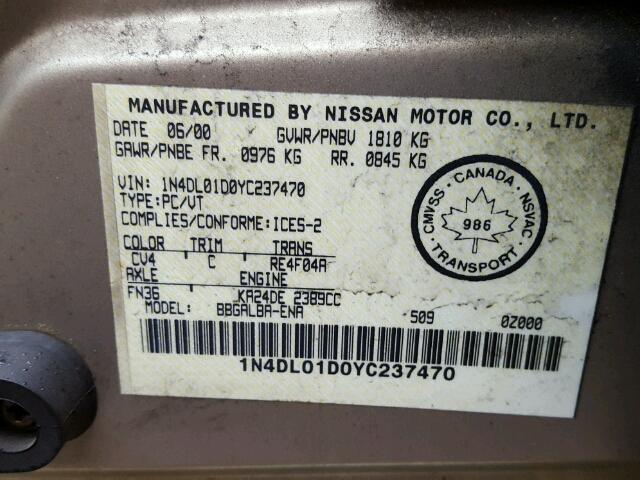 1N4DL01D0YC237470 - 2000 NISSAN ALTIMA XE BEIGE photo 10