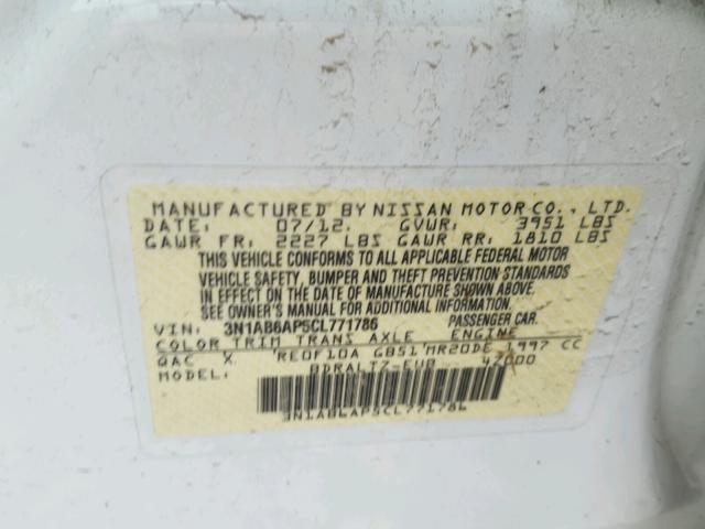 3N1AB6AP5CL771786 - 2012 NISSAN SENTRA 2.0 WHITE photo 10