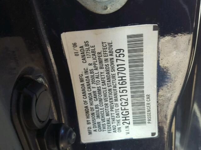 2HGFG21516H701759 - 2006 HONDA CIVIC SI BLUE photo 10