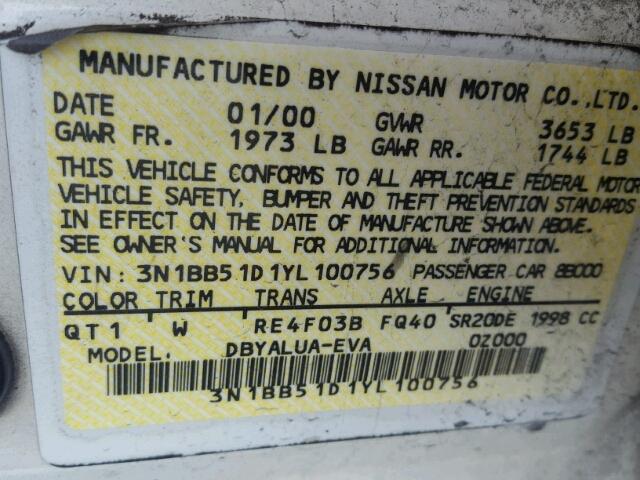 3N1BB51D1YL100756 - 2000 NISSAN SENTRA SE WHITE photo 10