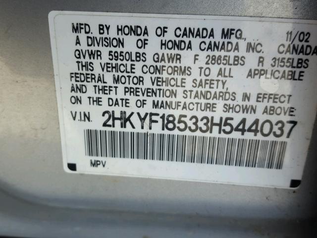 2HKYF18533H544037 - 2003 HONDA PILOT EXL SILVER photo 10