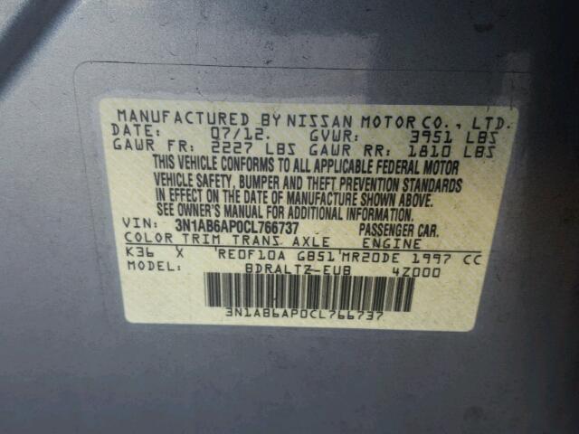 3N1AB6AP0CL766737 - 2012 NISSAN SENTRA/S/S SILVER photo 10