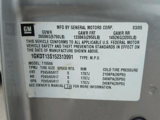 1GKDT13S152313991 - 2005 GMC ENVOY SILVER photo 10