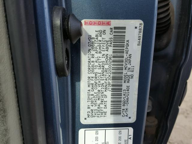 JTDBF30K220002961 - 2002 TOYOTA CAMRY LE BLUE photo 10