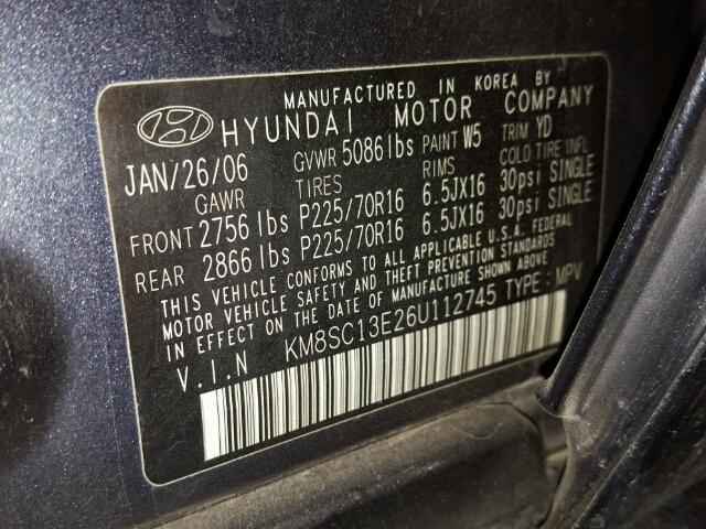 KM8SC13E26U112745 - 2006 HYUNDAI SANTA FE G GRAY photo 10