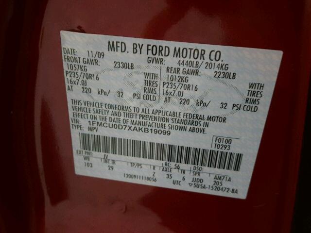 1FMCU0D7XAKB19099 - 2010 FORD ESCAPE XLT RED photo 10