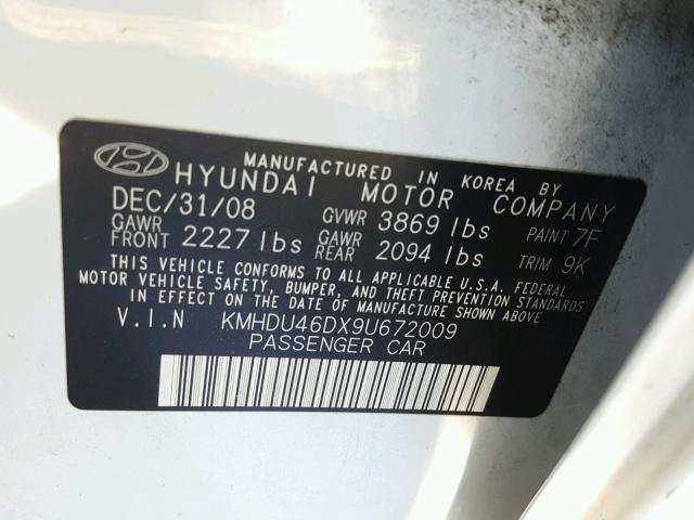 KMHDU46DX9U672009 - 2009 HYUNDAI ELANTRA GL WHITE photo 10