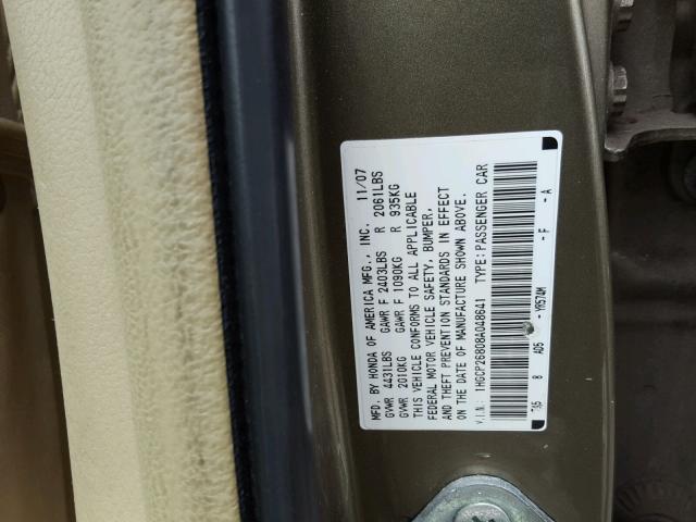 1HGCP26808A048641 - 2008 HONDA ACCORD EXL GOLD photo 10