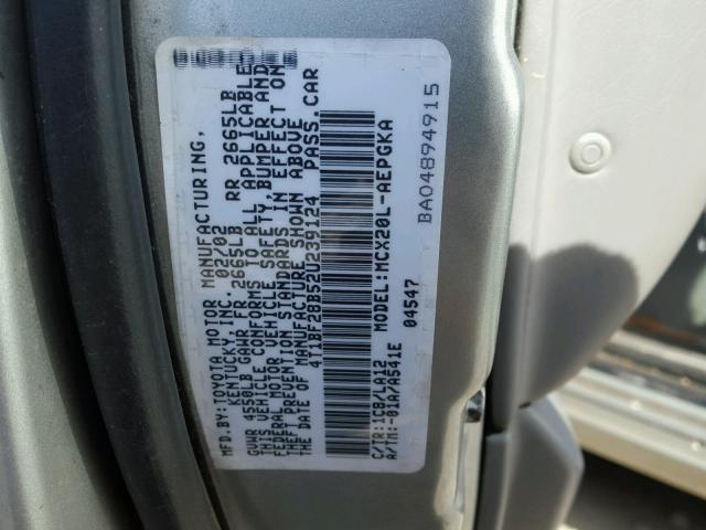 4T1BF28B52U239124 - 2002 TOYOTA AVALON XL SILVER photo 10