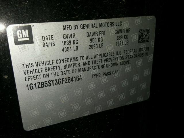 1G1ZB5ST3GF284164 - 2016 CHEVROLET MALIBU LS შავი ფოტო 10