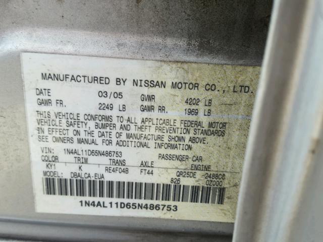 1N4AL11D65N486753 - 2005 NISSAN ALTIMA S SILVER photo 10