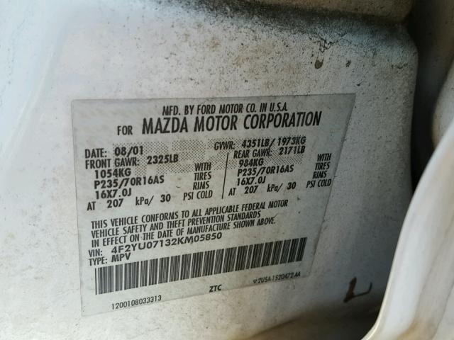 4F2YU07132KM05850 - 2002 MAZDA TRIBUTE DX 白色 照片 10