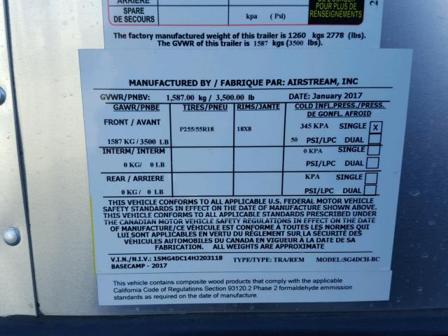 1SMG4DC14HJ203118 - 2017 AIRS TRAILER 银色 照片 10