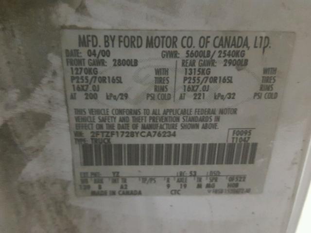 2FTZF1728YCA76234 - 2000 FORD F150 WHITE photo 10