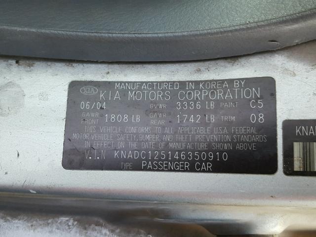 KNADC125146350910 - 2004 KIA RIO GRAY photo 10