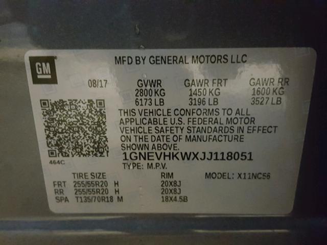 1GNEVHKWXJJ118051 - 2018 CHEVROLET TRAVERSE L GRAY photo 10