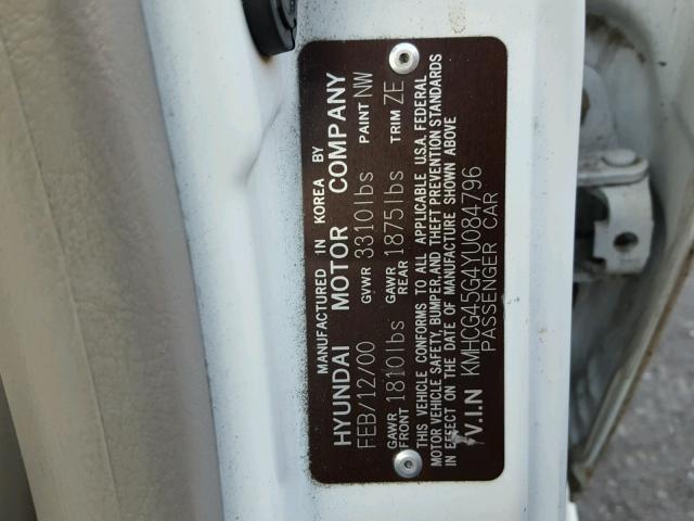 KMHCG45G4YU084796 - 2000 HYUNDAI ACCENT GL WHITE photo 10