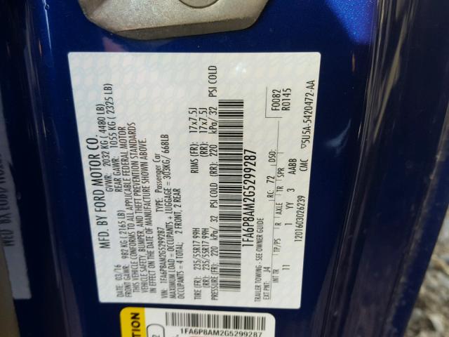 1FA6P8AM2G5299287 - 2016 FORD MUSTANG BLUE photo 10