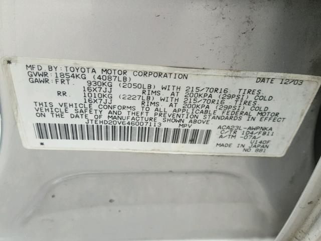 JTEHD20V646007113 - 2004 TOYOTA RAV4 SILVER photo 10