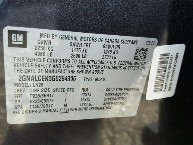 2GNALCEK5G6284306 - 2016 CHEVROLET EQUINOX LT GRAY photo 10