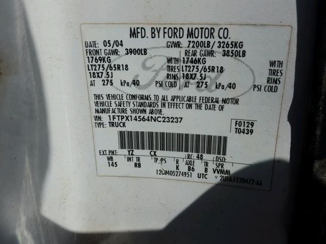 1FTPX14564NC23237 - 2004 FORD F150 WHITE photo 10