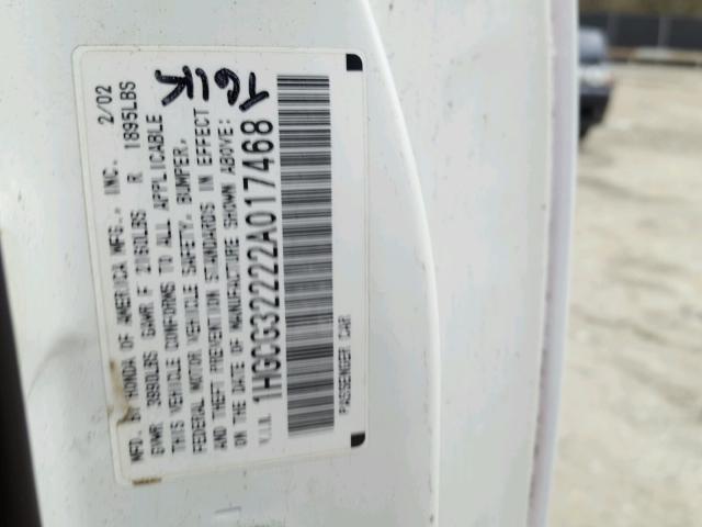 1HGCG32222A017468 - 2002 HONDA ACCORD SE WHITE photo 10