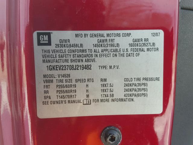1GKEV23708J219482 - 2008 GMC ACADIA SLT წითელი ფოტო 10