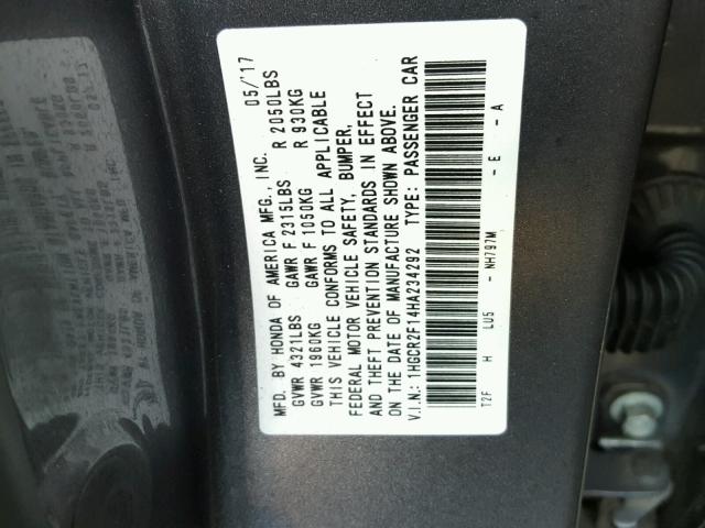 1HGCR2F14HA234292 - 2017 HONDA ACCORD SPO GRAY photo 10