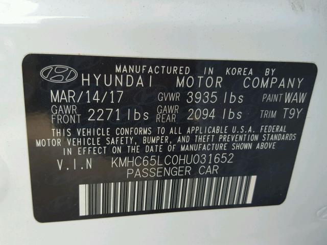 KMHC65LC0HU031652 - 2017 HYUNDAI IONIQ BLUE WHITE photo 10